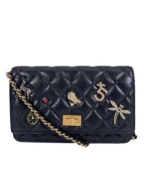 Chanel 2.55 Quilted Icon Charm Embroidery Chain Wallet Shoulder Bag Calfskin